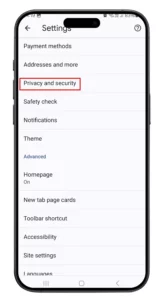 گزینه privacy and security را انتخاب کنید.